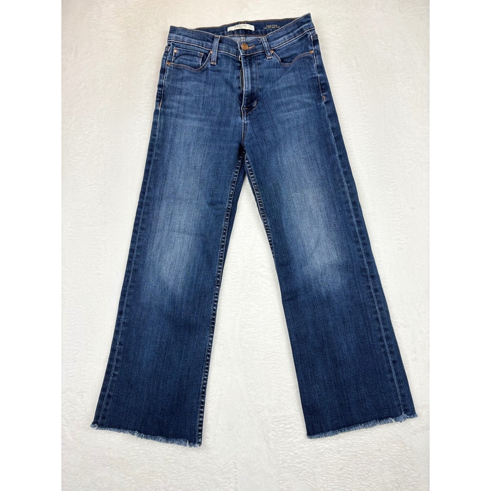 Fidelity Denim Tabitha High Rise Crop Flare Jeans Dark Wash Raw Hem Size 26